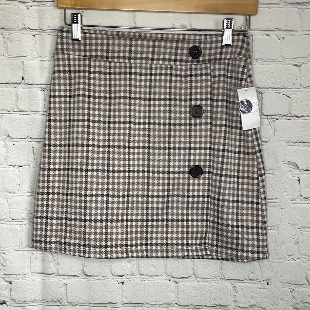 Pink Rose‎ Brown Cream Big Button Plaid Mini Skirt size Medium